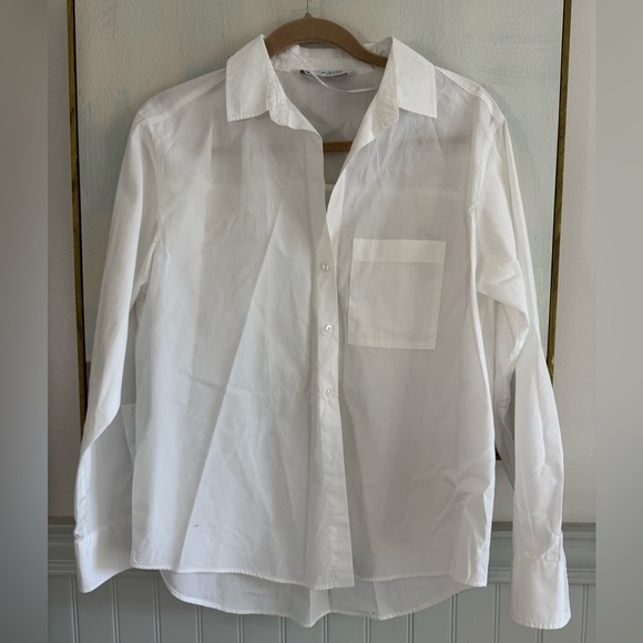 ZARA Poplin Shirt White Pocket Long Sleeve Shirt Size Small - Picture 2 of 5